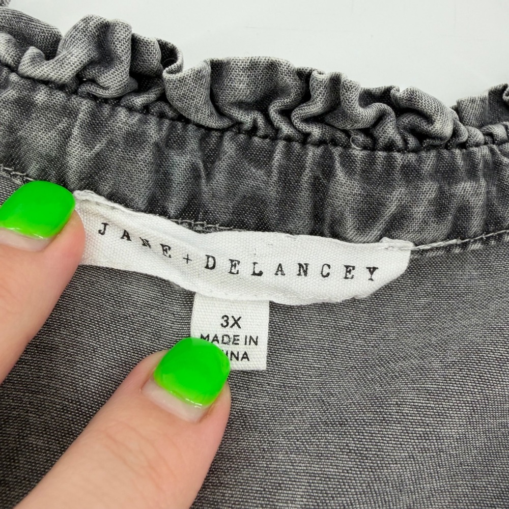 Jane + Delancey Women 3X Gray Button Down Ruffle Neck Lyocell Flutter Sleeve Top - Picture 3 of 6